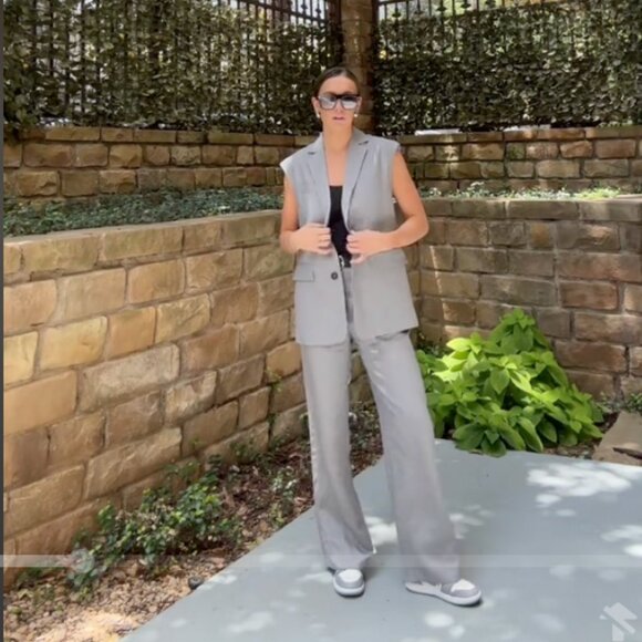 NWT ZARA 2 PIECES MATCH SET SUIT OVERSIZED LINEN BLEND VEST + FLARED PANTS GRAY - Picture 1 of 14